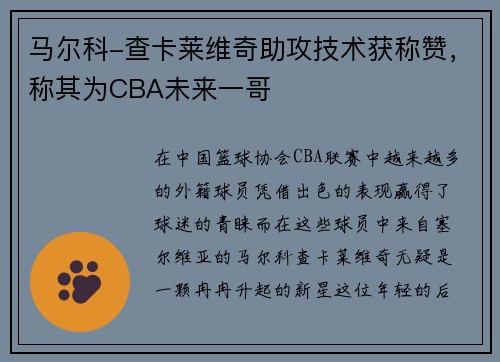 马尔科-查卡莱维奇助攻技术获称赞，称其为CBA未来一哥