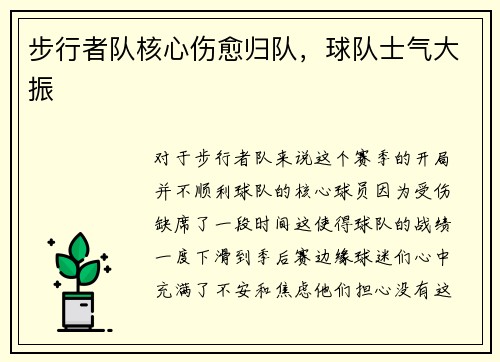 步行者队核心伤愈归队，球队士气大振